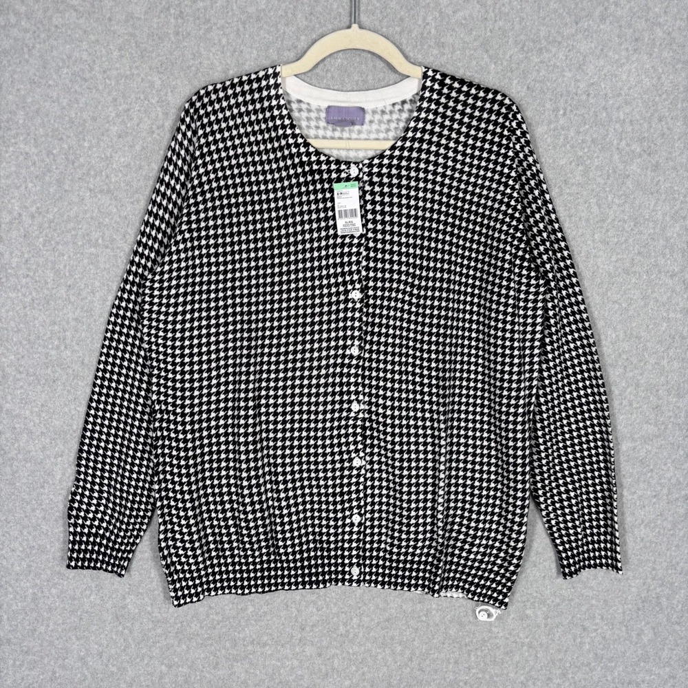 NEW Laura Scott Houndstooth Cardigan Sweater XL Black White Preppy Classic Thin